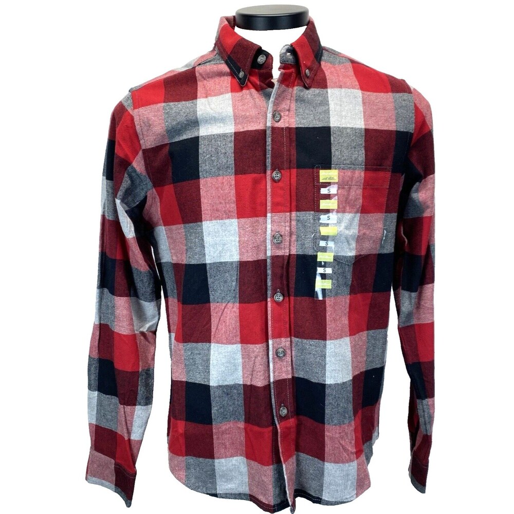 Eddie Bauer Plaid Flannel Shirt Men's Small Red/Gray/Black Button Up L/S NEW!